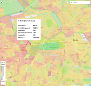 Geografie+ ermöglicht die Untersuchung einer Zielgruppe bis zur Mikro-PLZ innerhalb weniger Minuten. Geografie+ ermöglicht die Untersuchung einer Zielgruppe bis zur Mikro-PLZ innerhalb weniger Minuten.