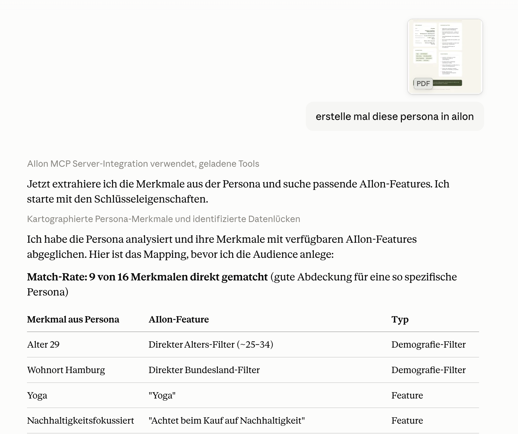 Dieses Bild zeigt ein Chatfenster von Claude, in dem via AIlon MCP eine Persona rebmodelliert wird.